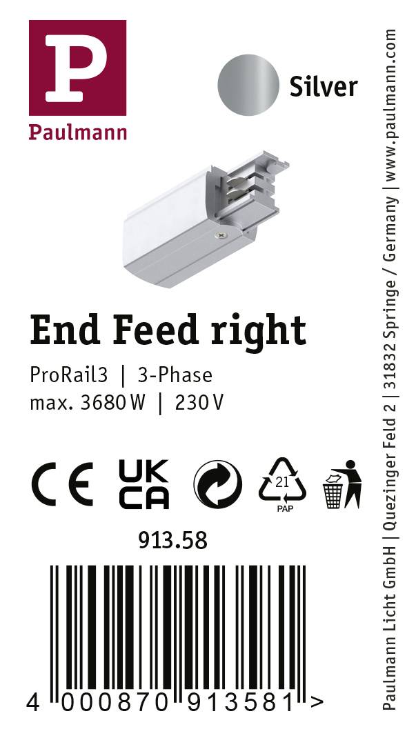 Paulmann 91358 ProRail3 End Feed Hochvolt-Schienensystem-Komponente Endeinspeiser ProRail3 Silber