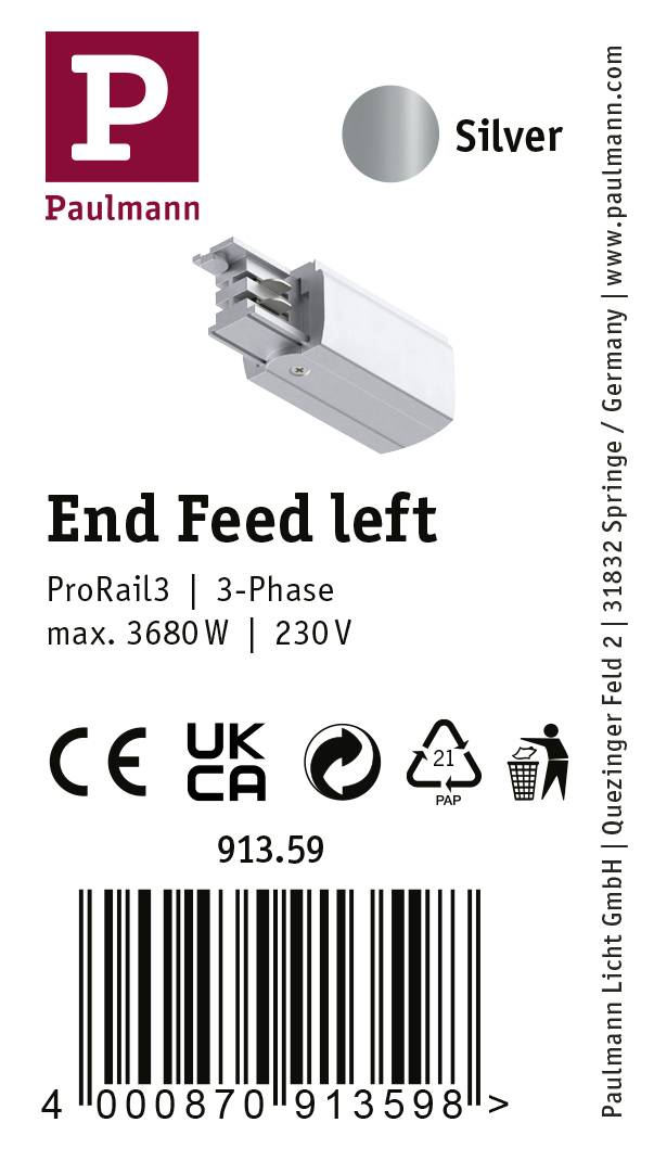 Paulmann 91359 ProRail3 End Feed Hochvolt-Schienensystem-Komponente Endeinspeiser ProRail3 Silber