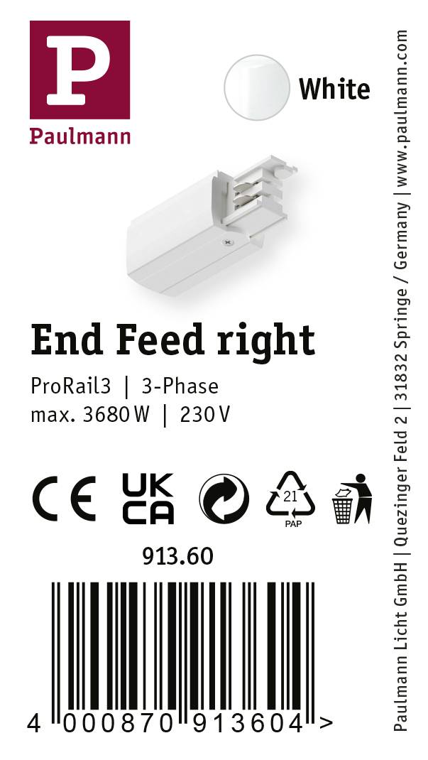 Paulmann 91360 ProRail3 End Feed Hochvolt-Schienensystem-Komponente Endeinspeiser ProRail3 Weiß