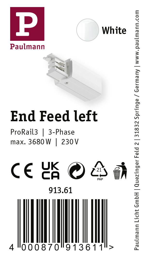 Paulmann 91361 ProRail3 End Feed Hochvolt-Schienensystem-Komponente Endeinspeiser ProRail3 Weiß