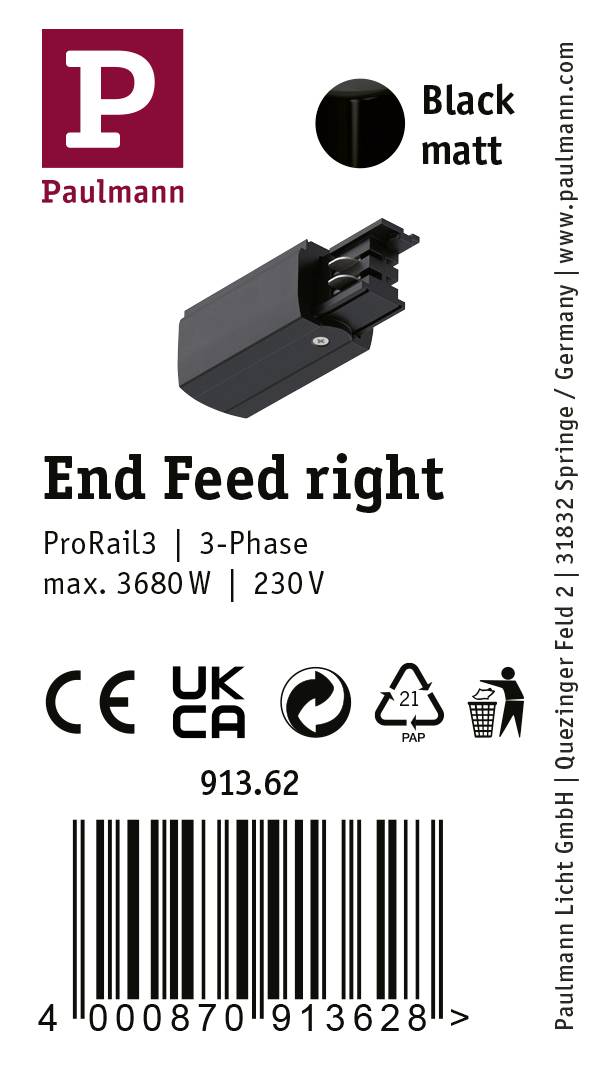 Paulmann 91362 ProRail3 End Feed Hochvolt-Schienensystem-Komponente Endeinspeiser ProRail3 Schwarz