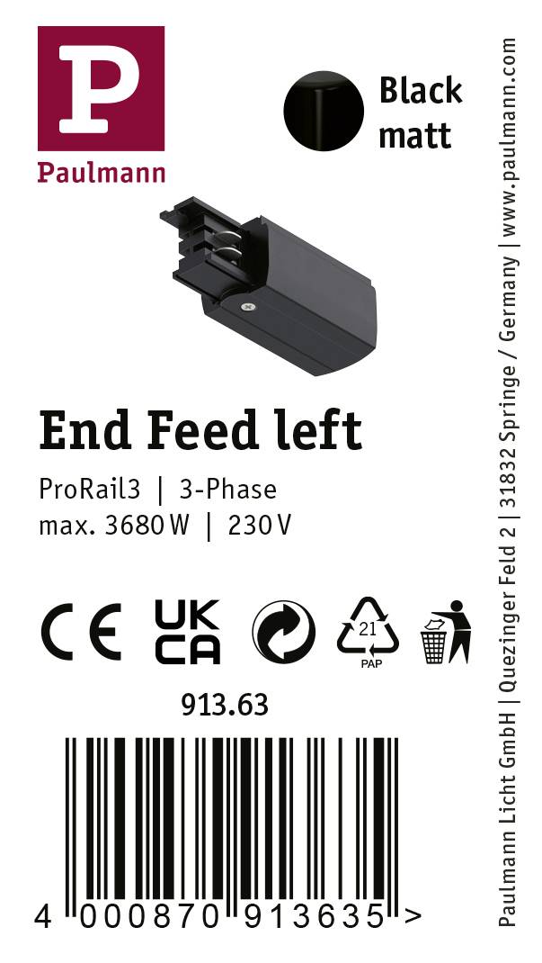 Paulmann 91363 ProRail3 End Feed Hochvolt-Schienensystem-Komponente Endeinspeiser ProRail3 Schwarz