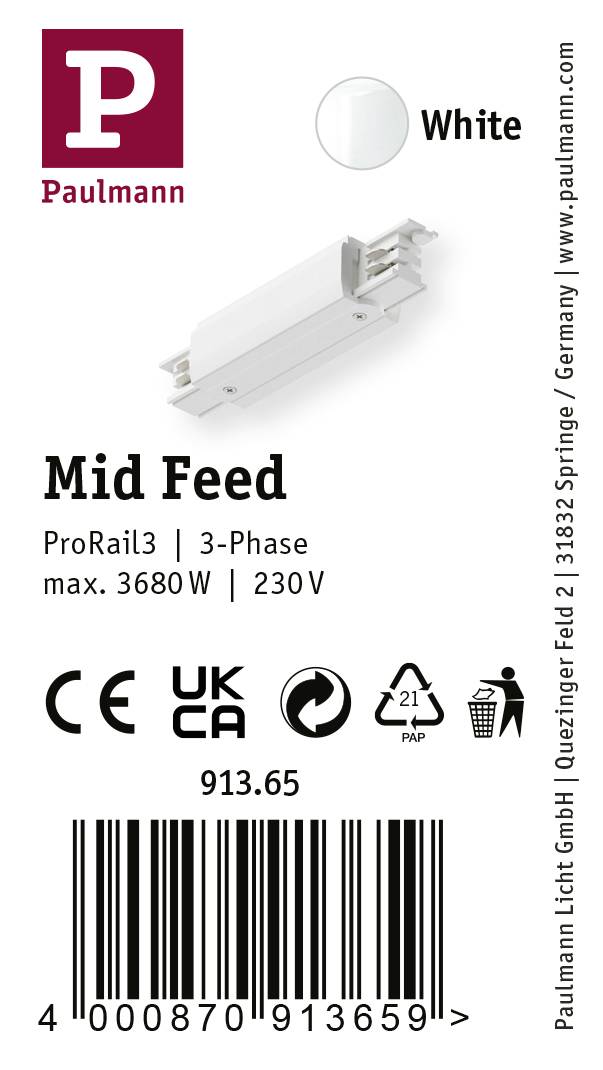 Paulmann 91365 ProRail3 Mid Feed Hochvolt-Schienensystem-Komponente Mitteleinspeiser ProRail3 Weiß