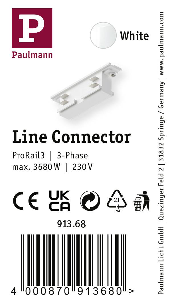 Weiße Steckverbindung für 3-Phasen-Schiene, Paulmann ProRail3, 3680W, 230V, mit Zertifikaten und Produktlogo.