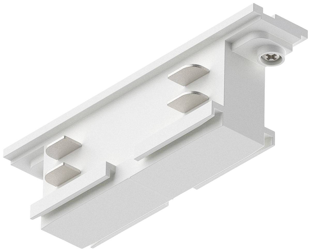 Ein weißes, rechteckiges Kunststoffbauteil mit Metallklammern und Schraube, verwendet zur Verbindung modularer Elemente in einer Schiene.
