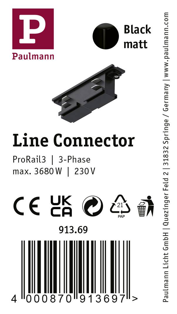 Schild mit Produktbild eines schwarzen matten Line Connectors von Paulmann für ProRail3, 3-Phasen, max. 3680W, 230V.