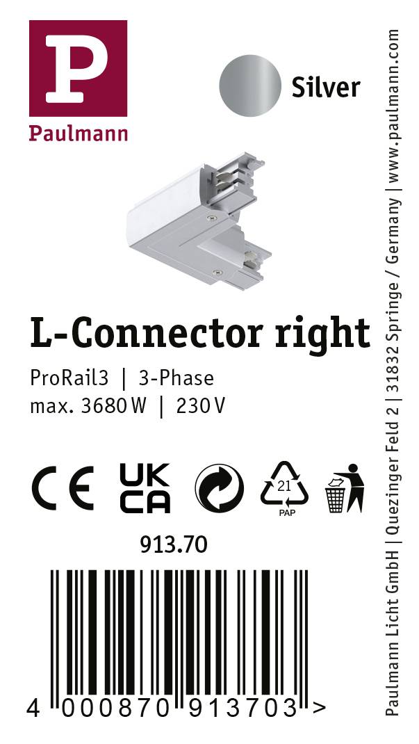 Paulmann 91370 ProRail3 L-Connect Erde Hochvolt-Schienensystem-Komponente L-Verbinder ProRail3 Silber