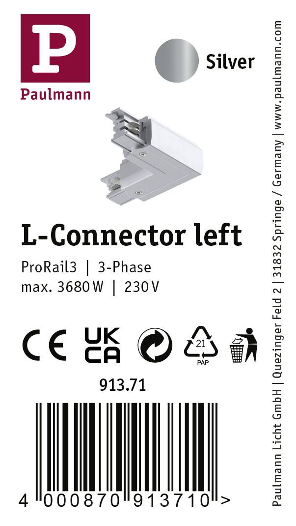 Paulmann 91371 ProRail3 L-Connect Erde Hochvolt-Schienensystem-Komponente L-Verbinder ProRail3 Silber