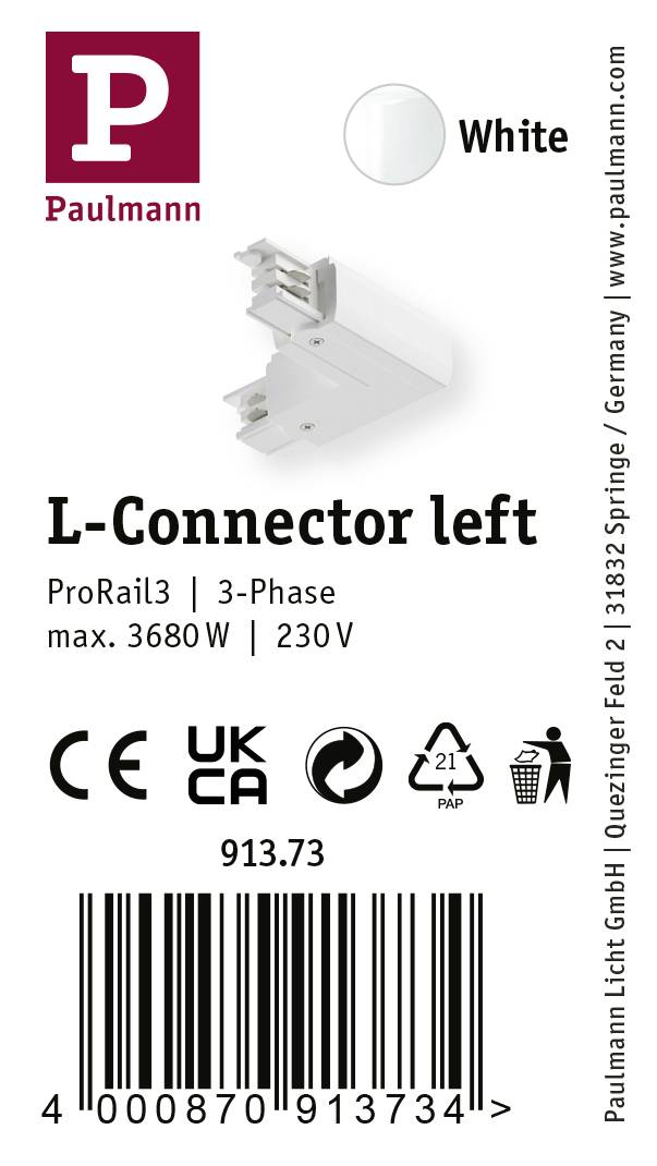 Paulmann 91373 ProRail3 L-Connect Erde Hochvolt-Schienensystem-Komponente L-Verbinder ProRail3 Weiß