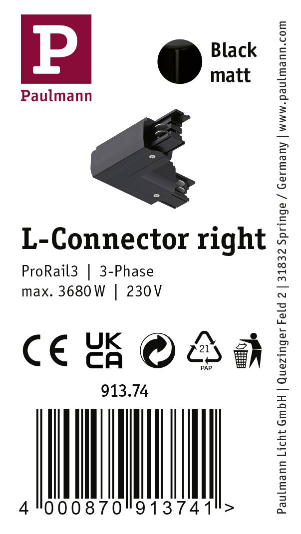 Paulmann 91374 ProRail3 L-Connect Erde Hochvolt-Schienensystem-Komponente L-Verbinder ProRail3 Schwarz