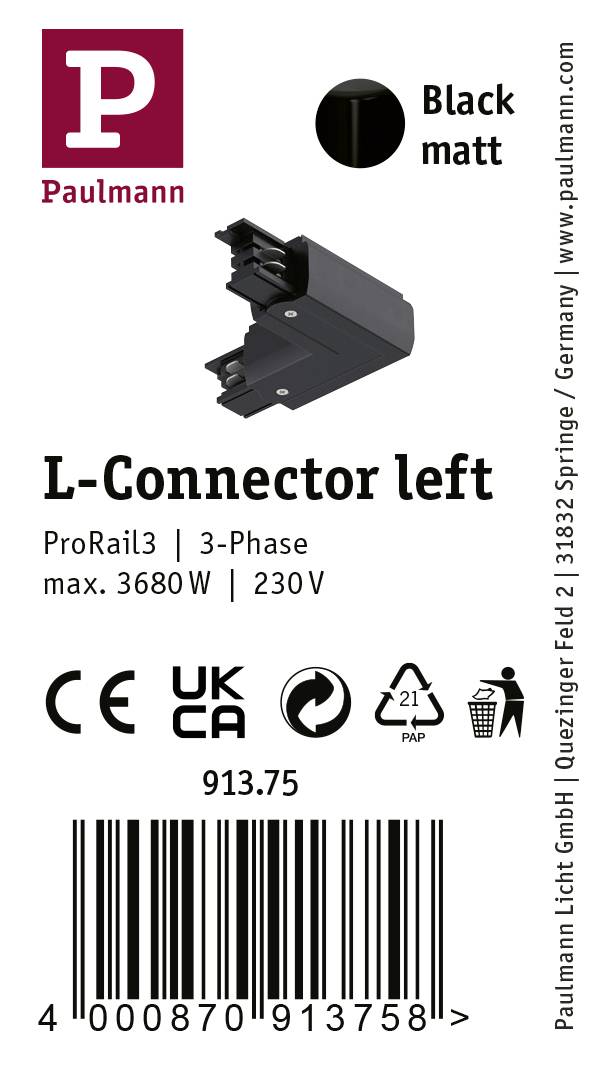 Paulmann 91375 ProRail3 L-Connect Erde Hochvolt-Schienensystem-Komponente L-Verbinder ProRail3 Schwarz