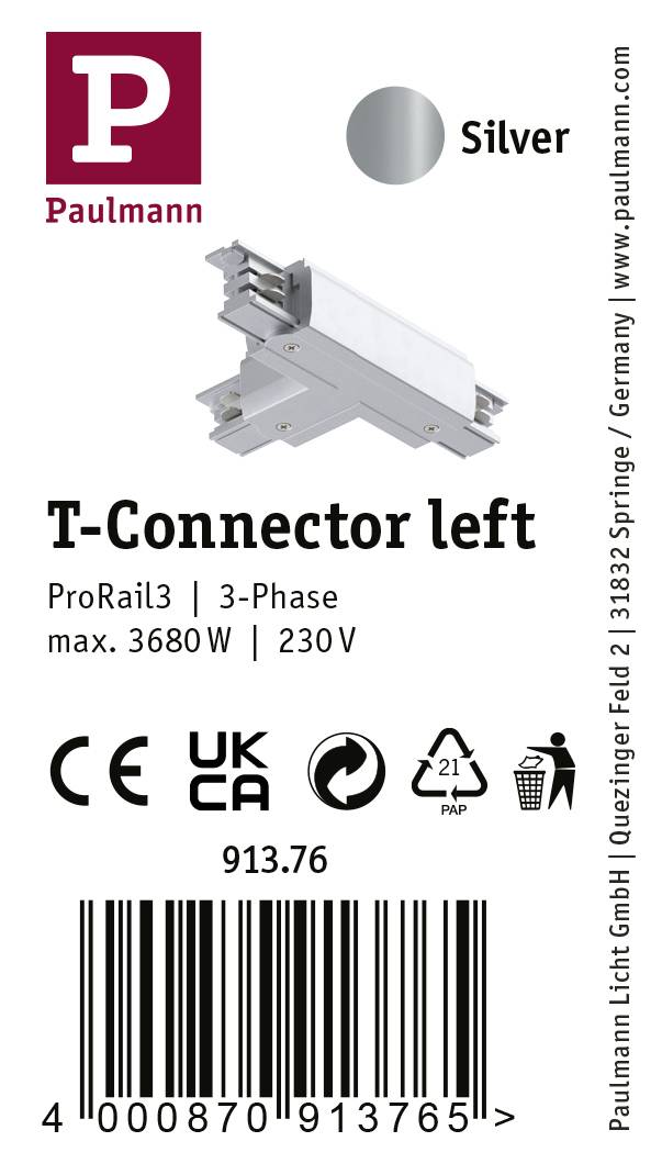 Paulmann 91376 ProRail3 T-Connect Erde Hochvolt-Schienensystem-Komponente T-Verbinder ProRail3 Silber