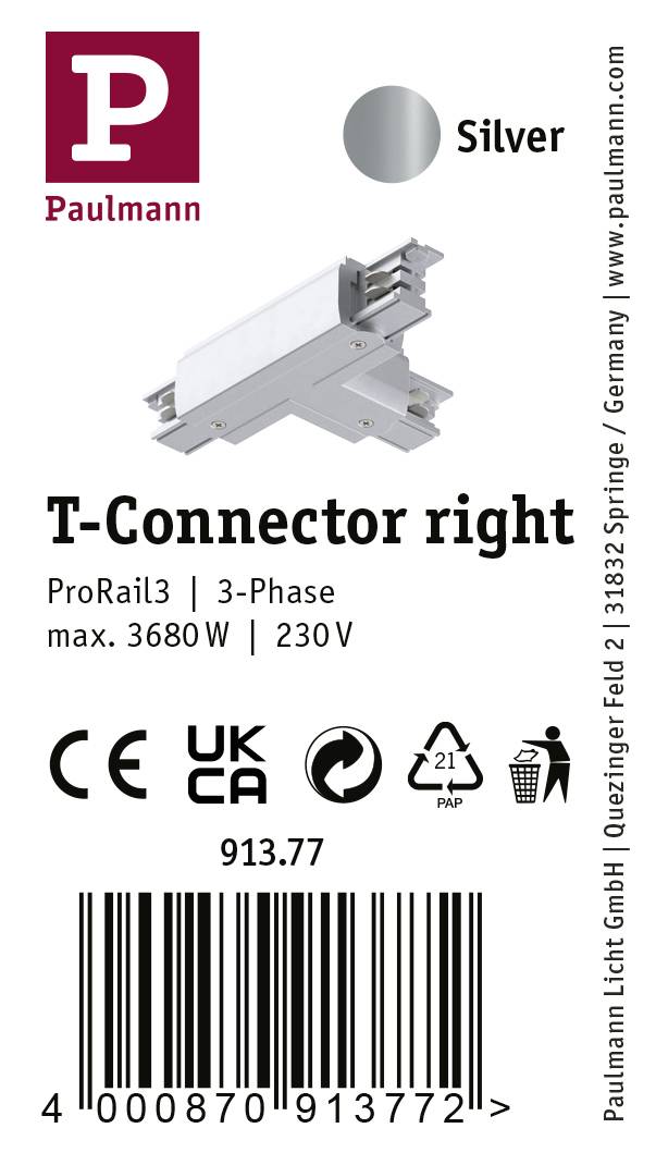 Paulmann 91377 ProRail3 T-Connect Erde Hochvolt-Schienensystem-Komponente T-Verbinder ProRail3 Silber