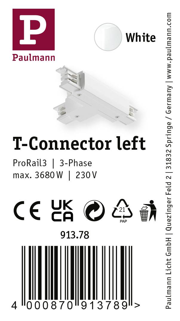 Paulmann 91378 ProRail3 T-Connect Erde Hochvolt-Schienensystem-Komponente T-Verbinder ProRail3 Weiß