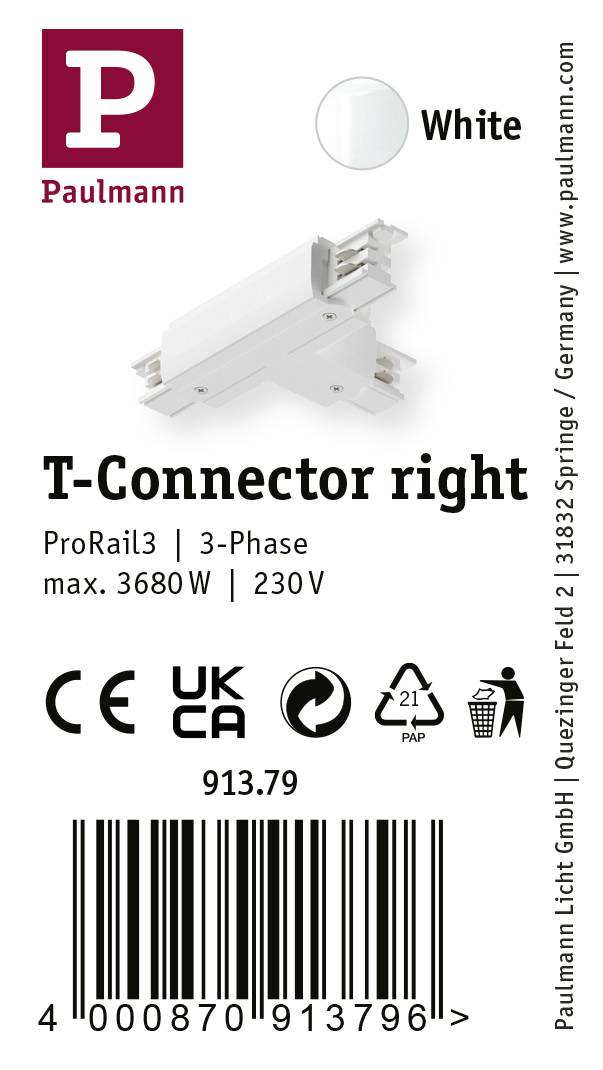 Paulmann 91379 ProRail3 T-Connect Erde Hochvolt-Schienensystem-Komponente T-Verbinder ProRail3 Weiß