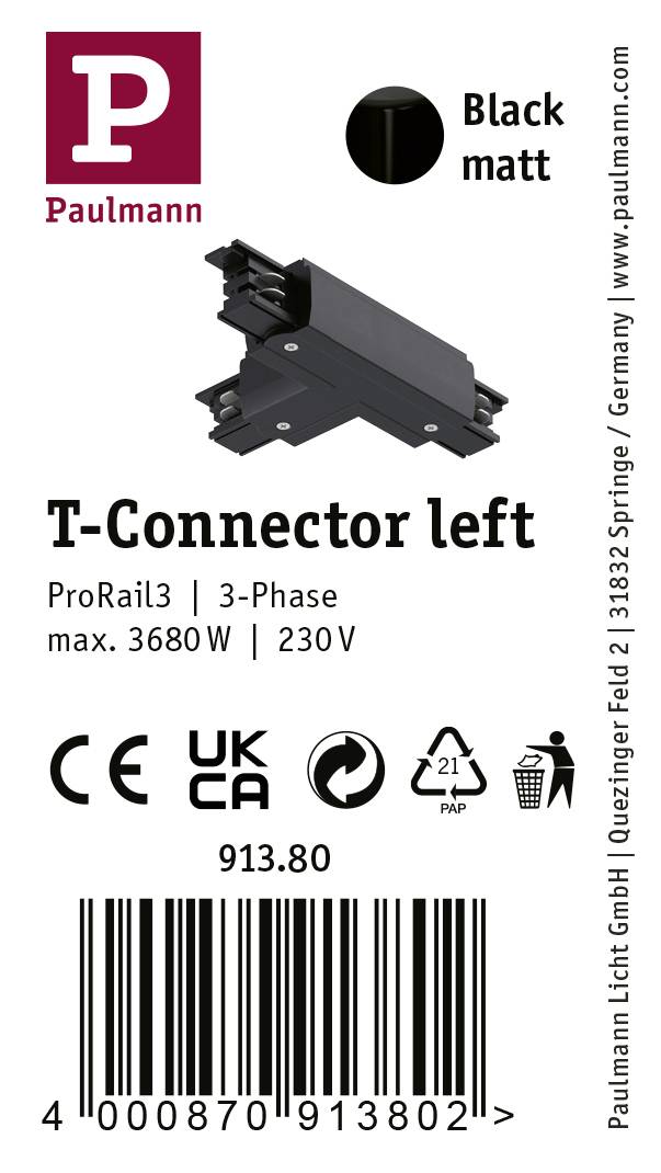 Paulmann 91380 ProRail3 T-Connect Erde Hochvolt-Schienensystem-Komponente T-Verbinder ProRail3 Schwarz