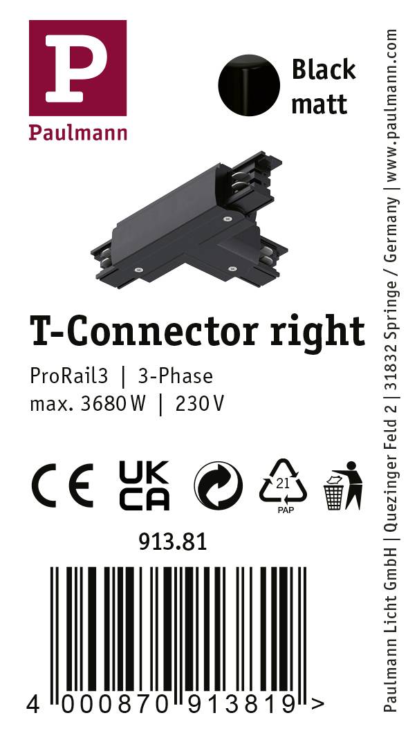 Paulmann 91381 ProRail3 T-Connect Erde Hochvolt-Schienensystem-Komponente T-Verbinder ProRail3 Schwarz