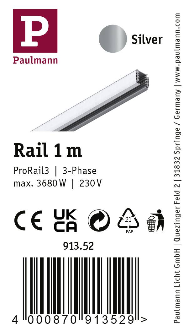 Paulmann 91352 Hochvolt-Schienensystem-Komponente Schiene ProRail3 Silber