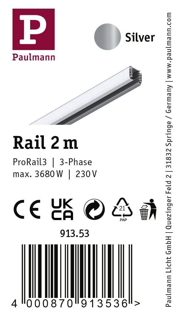 Paulmann 91353 Hochvolt-Schienensystem-Komponente Schiene ProRail3 Silber
