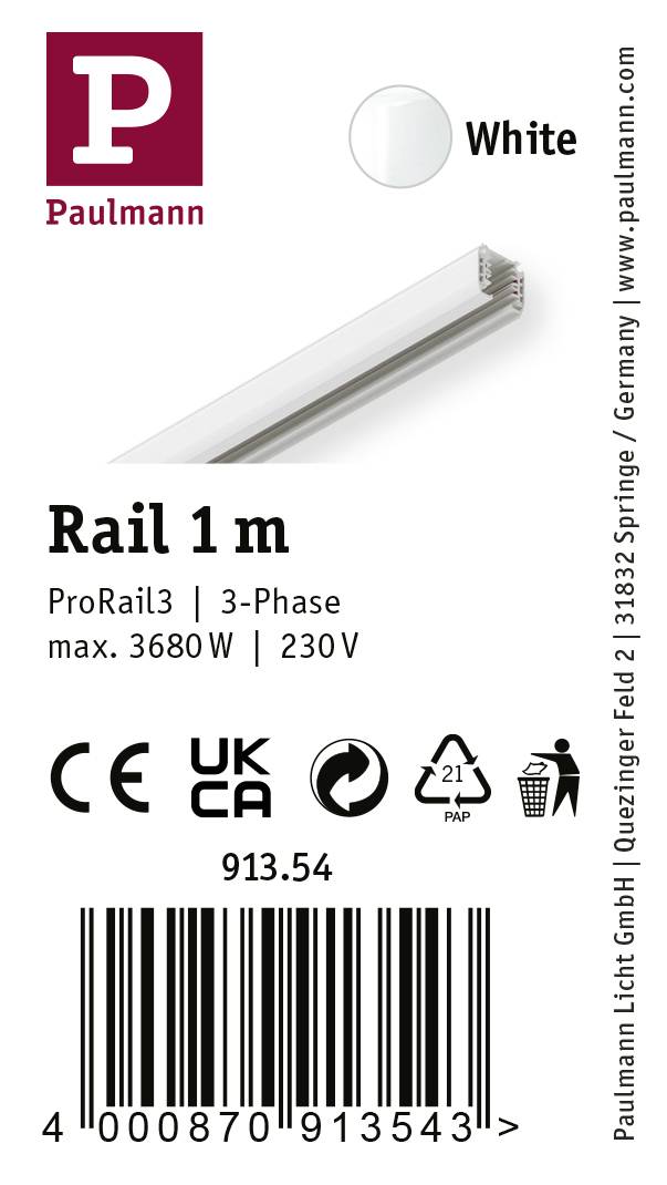 Paulmann 91354 Hochvolt-Schienensystem-Komponente Schiene ProRail3 Weiß