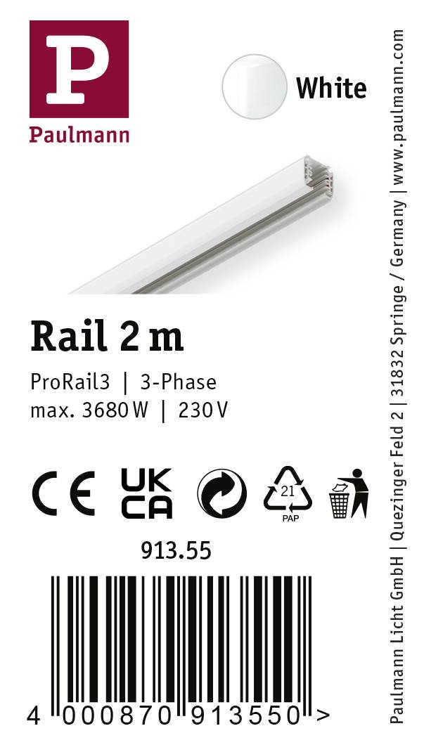 Paulmann 91355 Hochvolt-Schienensystem-Komponente Schiene ProRail3 Weiß