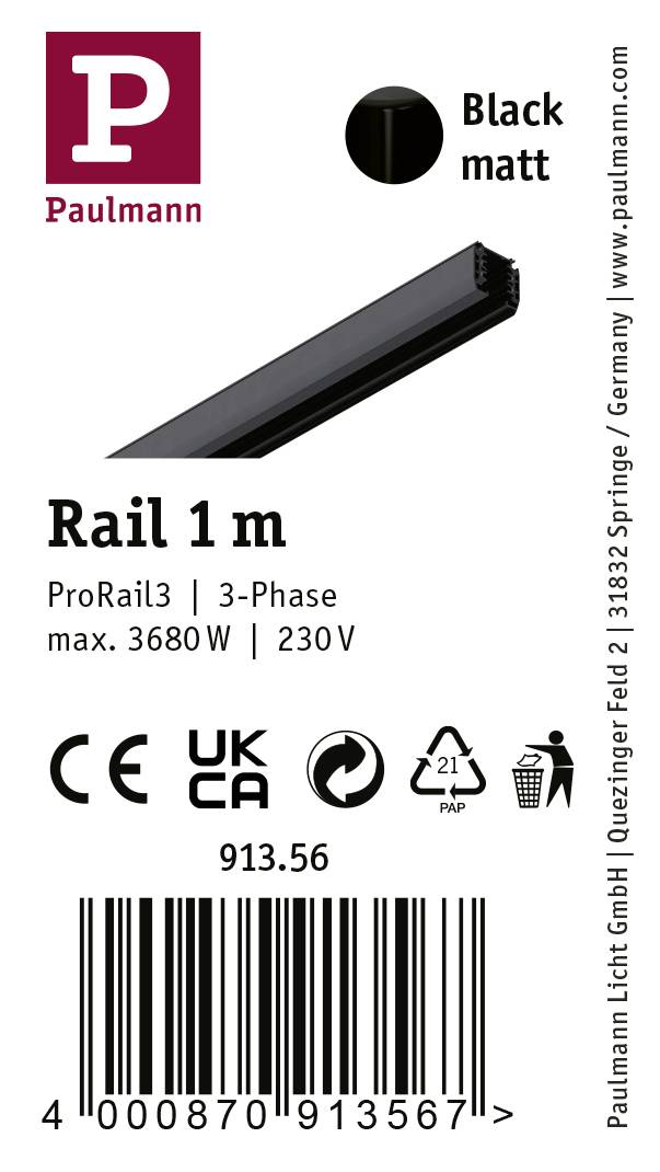 Paulmann 91356 Hochvolt-Schienensystem-Komponente Schiene ProRail3 Schwarz