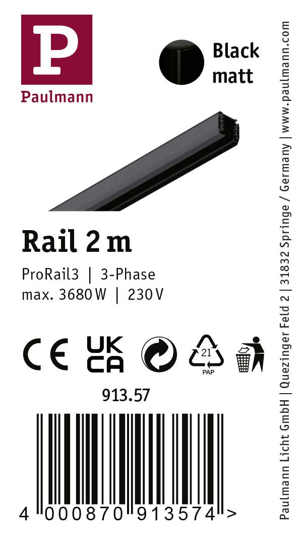 Paulmann 91357 Hochvolt-Schienensystem-Komponente Schiene ProRail3 Schwarz
