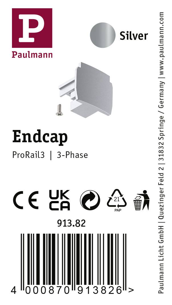 Verpackung für Paulmann Endkappen in Silber, geeignet für ProRail3, 3-Phasen-Schienen. Enthält CE- und UKCA-Zeichen.