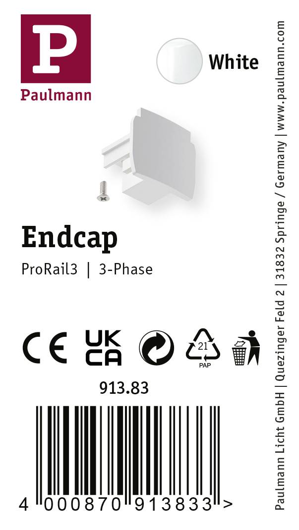 'Endkappe' für ProRail3 Schienensystem, weiß. Produktcode: 913.83. Enthält CE- und UKCA-Zertifizierungen. Hersteller: Paulmann Licht GmbH.