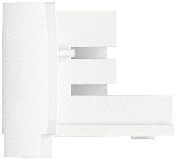 Ein moderner, weißer Treppenhausentwurf mit klaren Linien und kantigem Design, Seitenansicht.