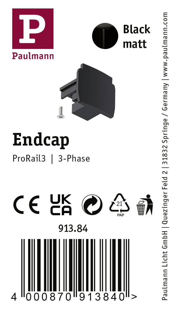 Endkappe für ProRail3, 3-Phasen-System, Farbe Schwarz matt, Artikelnummer 913.84 von Paulmann.