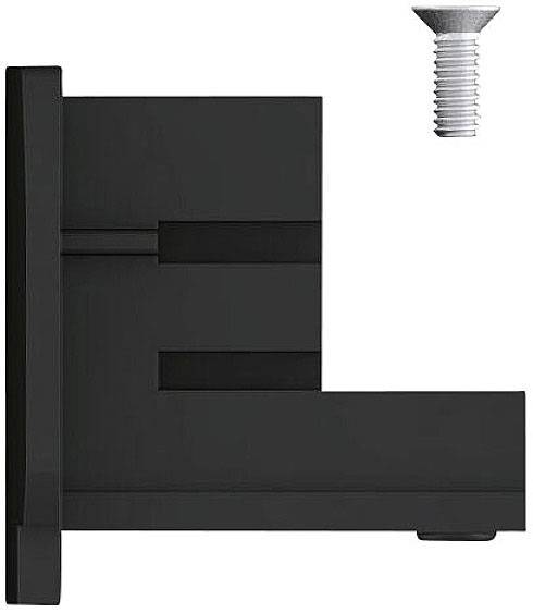 Schwarzes L-förmiges Bauteil mit Schraube oben rechts. Dient vermutlich zur Befestigung oder Montage in technischen Anwendungen.