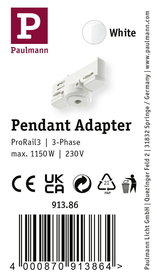 Paulmann 91386 Hochvolt-Schienensystem-Komponente Pendelabhängung ProRail3 Weiß
