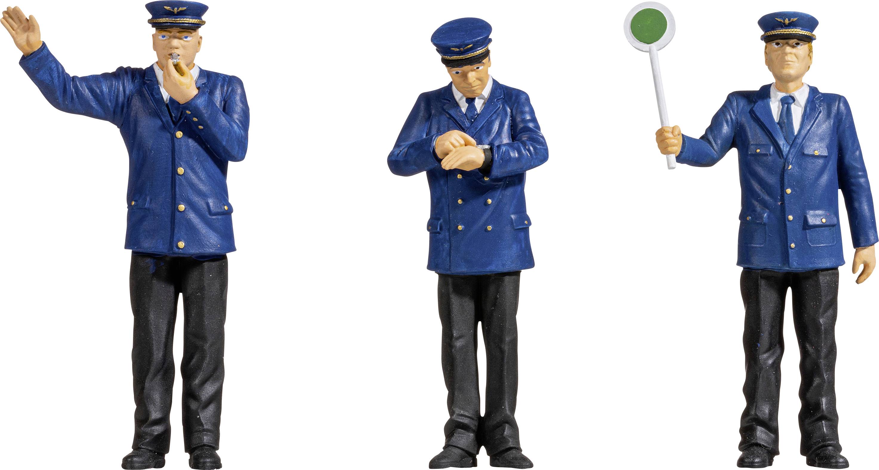 Drei Modelleisenbahnfiguren in Eisenbahner-Uniformen. Eine gibt ein Handzeichen, eine schaut auf die Uhr und eine hält ein grünes Schild.