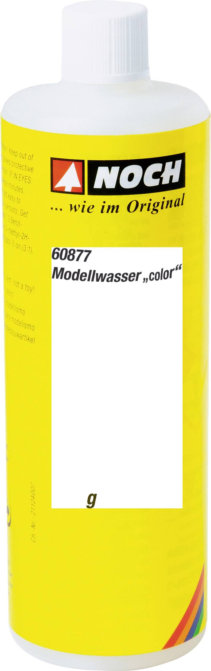 Eine gelbe Flasche 'NOCH Modellwasser Color' mit weißem Etikett und Aufschrift '... wie im Original'.