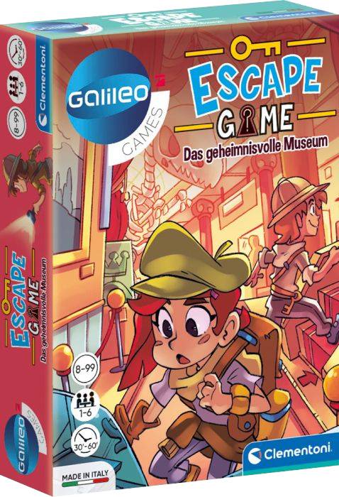 Eine Spielverpackung mit der Aufschrift 'Escape Game: Das geheimnisvolle Museum'. Zeigt eine animierte Figur in einem Abenteuer-Setting.