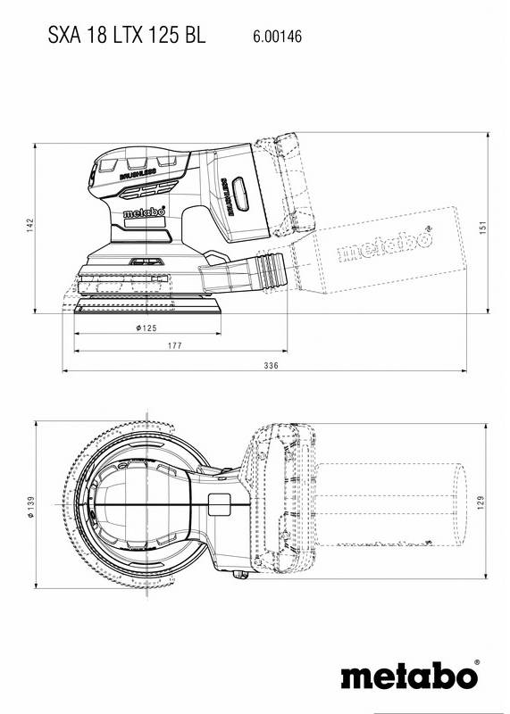 Technische Zeichnung eines Metabo SXA 18 LTX 125 BL Schleifers. Zeigt Seiten- und Draufsicht mit Abmessungen in Millimetern.