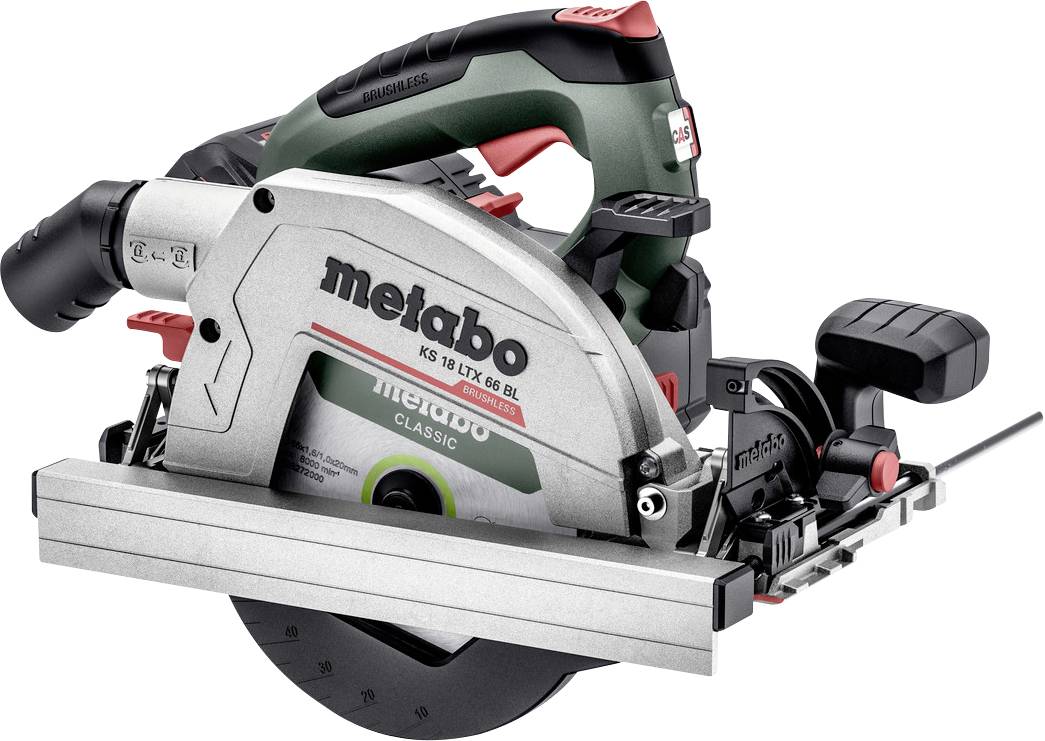Kreissäge von der Marke Metabo, Modell KS 18 LTX 66 BL. Handgeführtes Elektrowerkzeug mit Führungsschiene und Sicherheitseinrichtung.