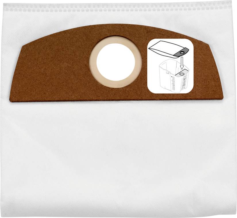 Staubsaugerbeutel mit rundem Loch, braunem Karton und schematischer Montageanleitung auf weißem Hintergrund.