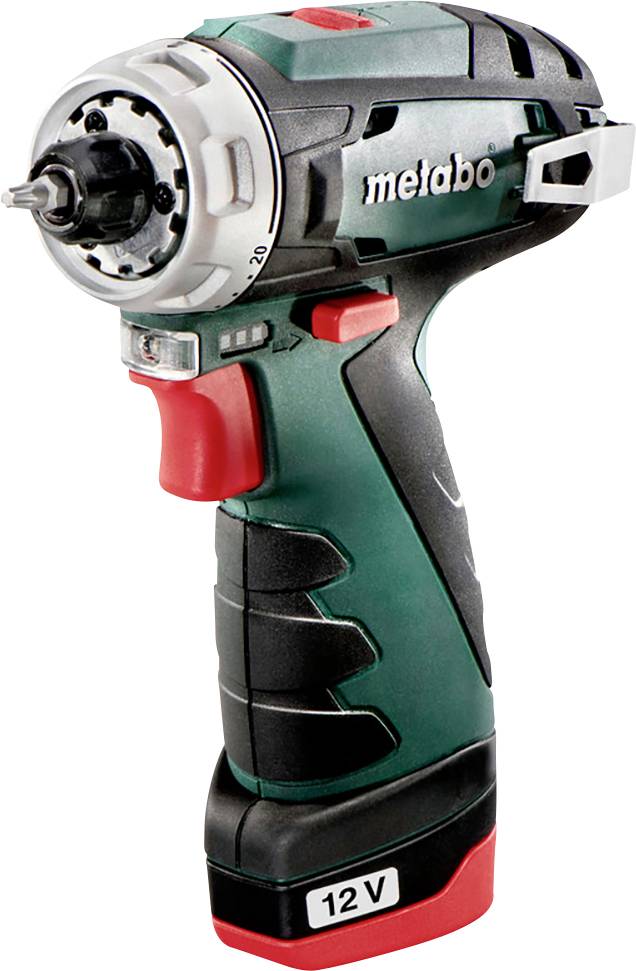 Akkuschrauber in Grün und Schwarz mit rotem Griff. Aufschrift: 'metabo', Spannung: 12 V. Kompaktes, kabelloses Design für Schraubarbeiten.