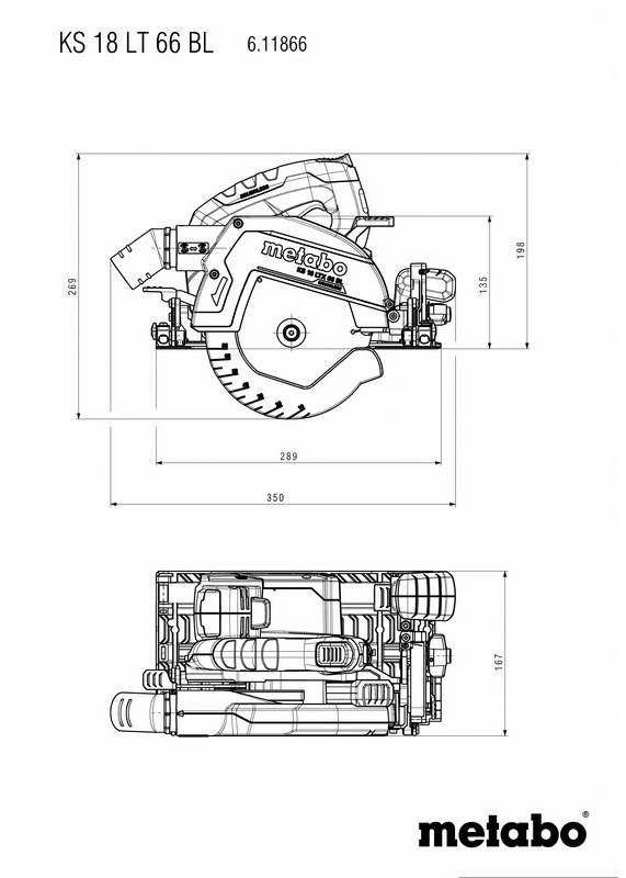 Zeichnung einer handgeführten Kreissäge von Metabo mit Abmessungen. Oben Seitenansicht, unten Draufsicht, Modell KS 18 LT 66 BL.