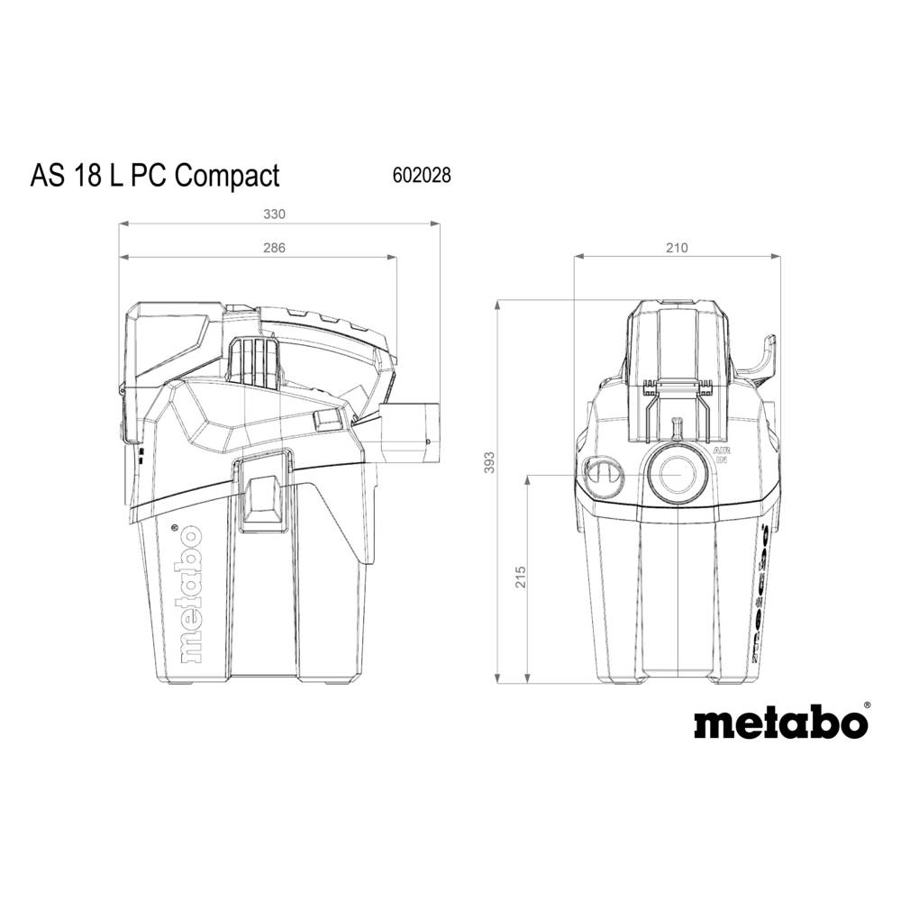 Strichzeichnung eines tragbaren Metabo-Staubsaugers, Modell AS 18 L PC Compact, mit Maßen in Millimetern: Höhe 359, Breite 330, Tiefe 286.