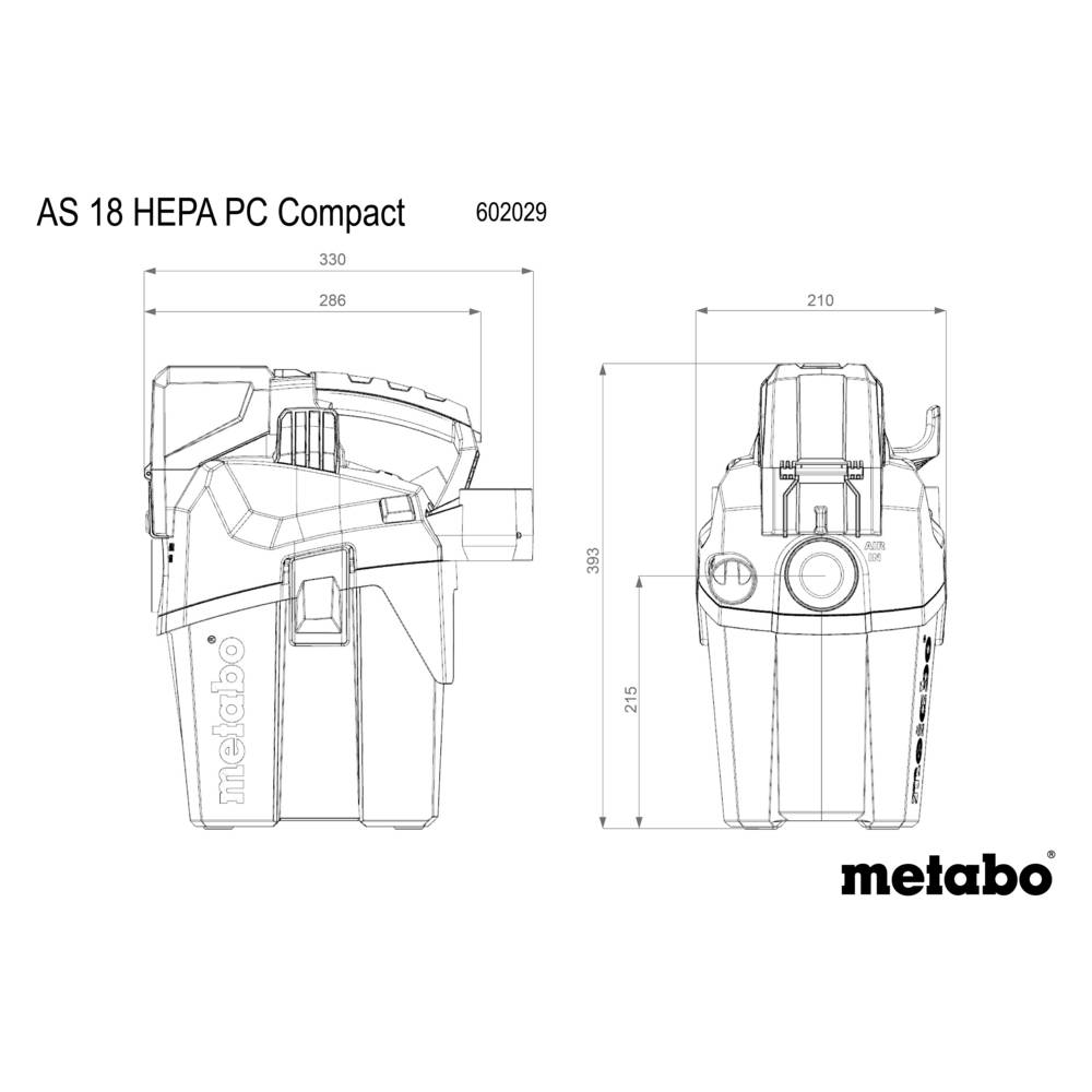 'Metabo AS 18 HEPA PC Compact' technische Zeichnung mit Abmessungen: Breite 330 mm, Höhe 306 mm, Tiefe 210 mm. Produktansicht von vorne und seitlich. Modellnummer 602029.