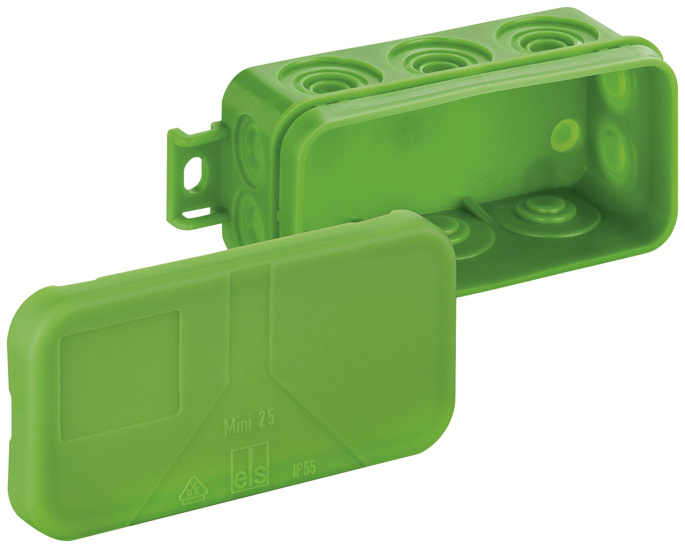 Grüne Elektronikdose mit abnehmbarem Deckel, geeignet für den Außenbereich. Schützt Verkabelungen, Modell 'Mini 25'.