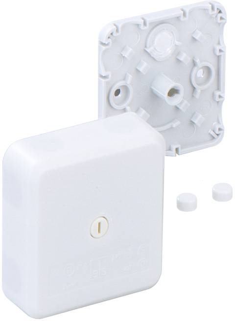 Weißer, quadratischer Sensor-Halter mit abnehmbarer Abdeckung und zwei kleinen runden Teilen, auf einer weißen Fläche platziert.