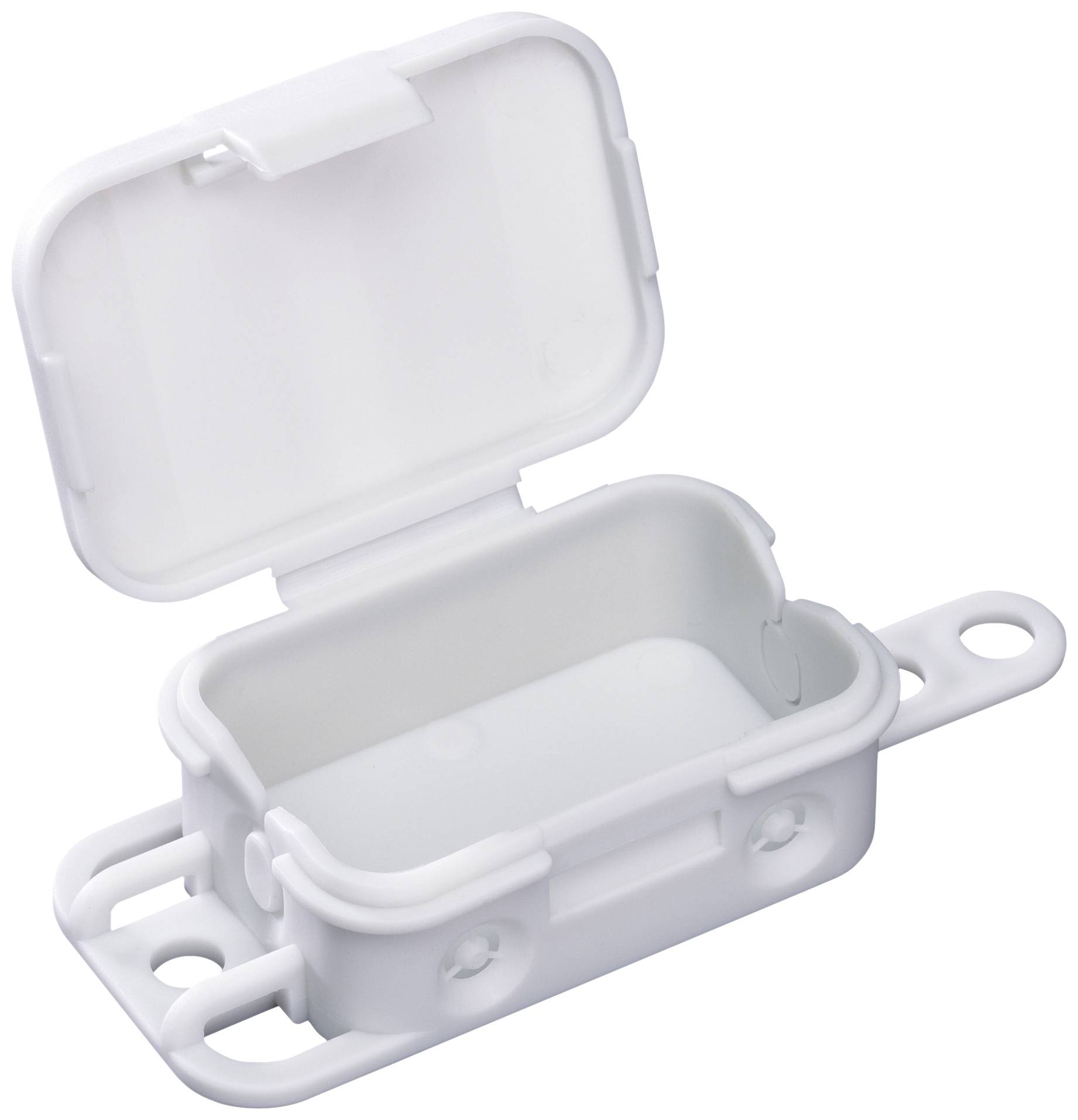 Weiße, offene Kunststoffbox mit Deckel und zwei Befestigungslöchern, möglicherweise zur Aufbewahrung kleiner Gegenstände oder Anschlüsse.