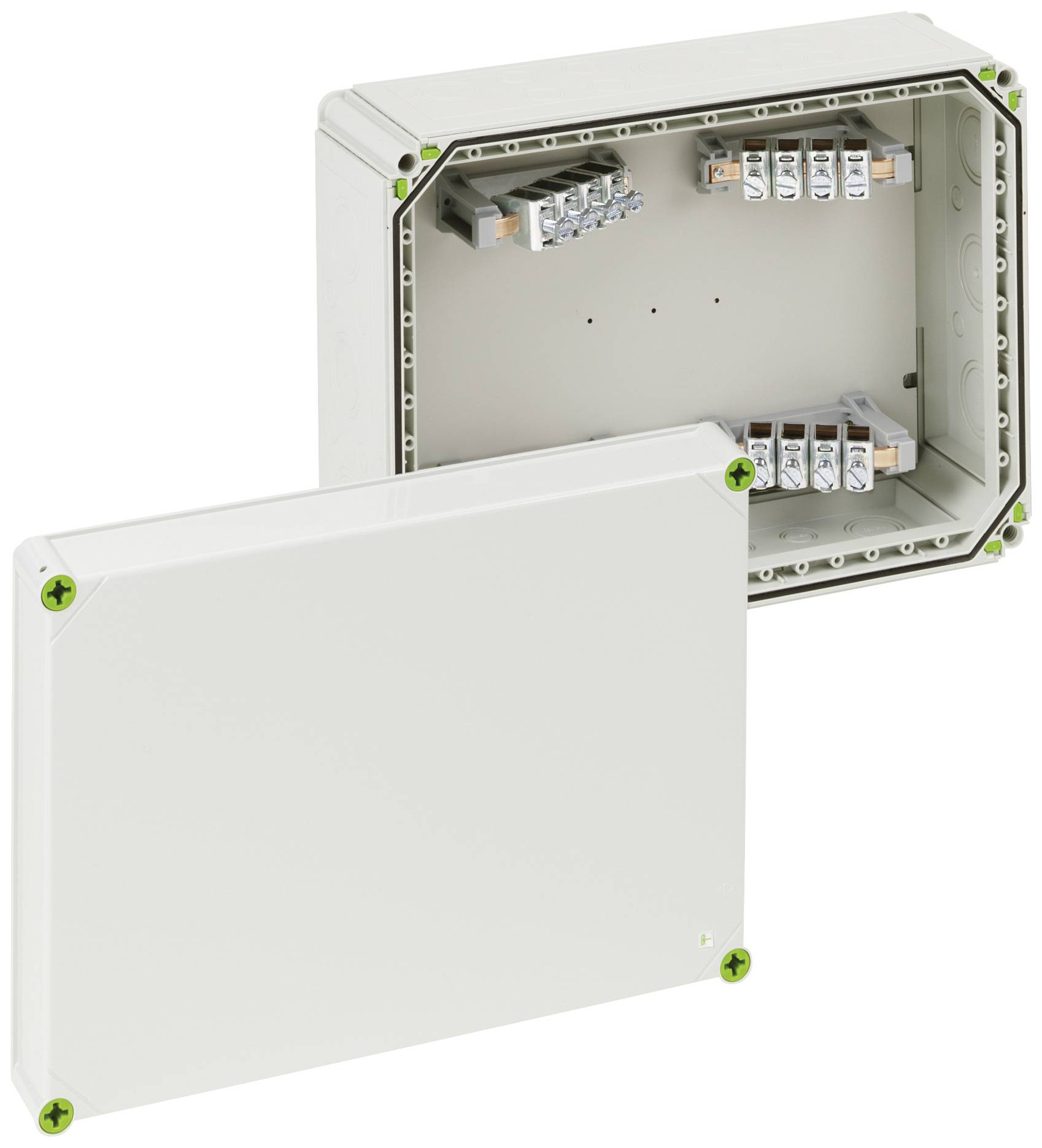 Elektrischer Anschlusskasten mit offenem Deckel, zeigt innenliegende Verkabelung und Anschlussklemmen. Gehäuse in neutralem Design.