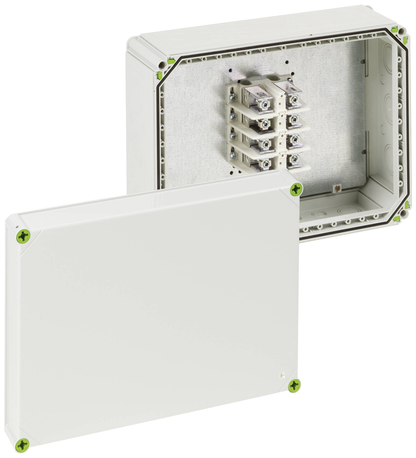 Ein rechteckiges Kunststoffgehäuse mit abgenommener Abdeckung, zeigt ein inneres Befestigungssystem mit mehreren Anschlussklemmen.
