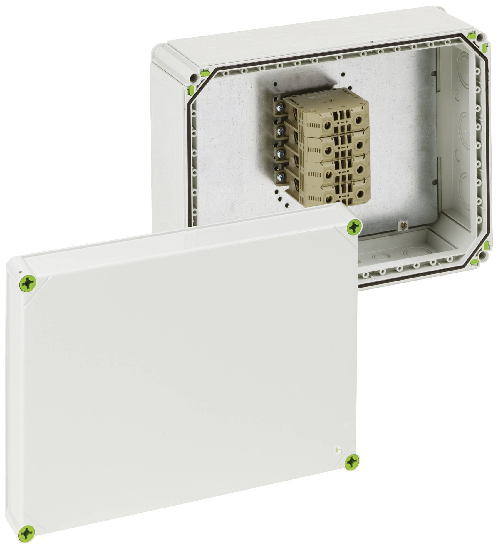 Geöffnete weiße Anschlussbox und abgenommener Deckel. Innen sind mehrere Klemmen zur Verdrahtung zu sehen.