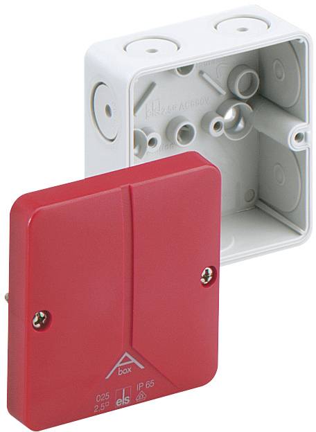 Eine rote elektrische Anschlussdose mit offenem Gehäuse, zeigt interne Befestigungspunkte und Kabelführungen. Geeignet für IP65 Anwendungen.
